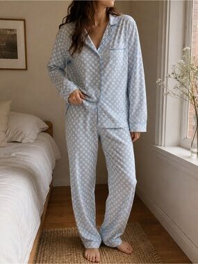 Vintage I. Magnin Light Blue White Polka Dot Pajama Set Size M Button Down Lou